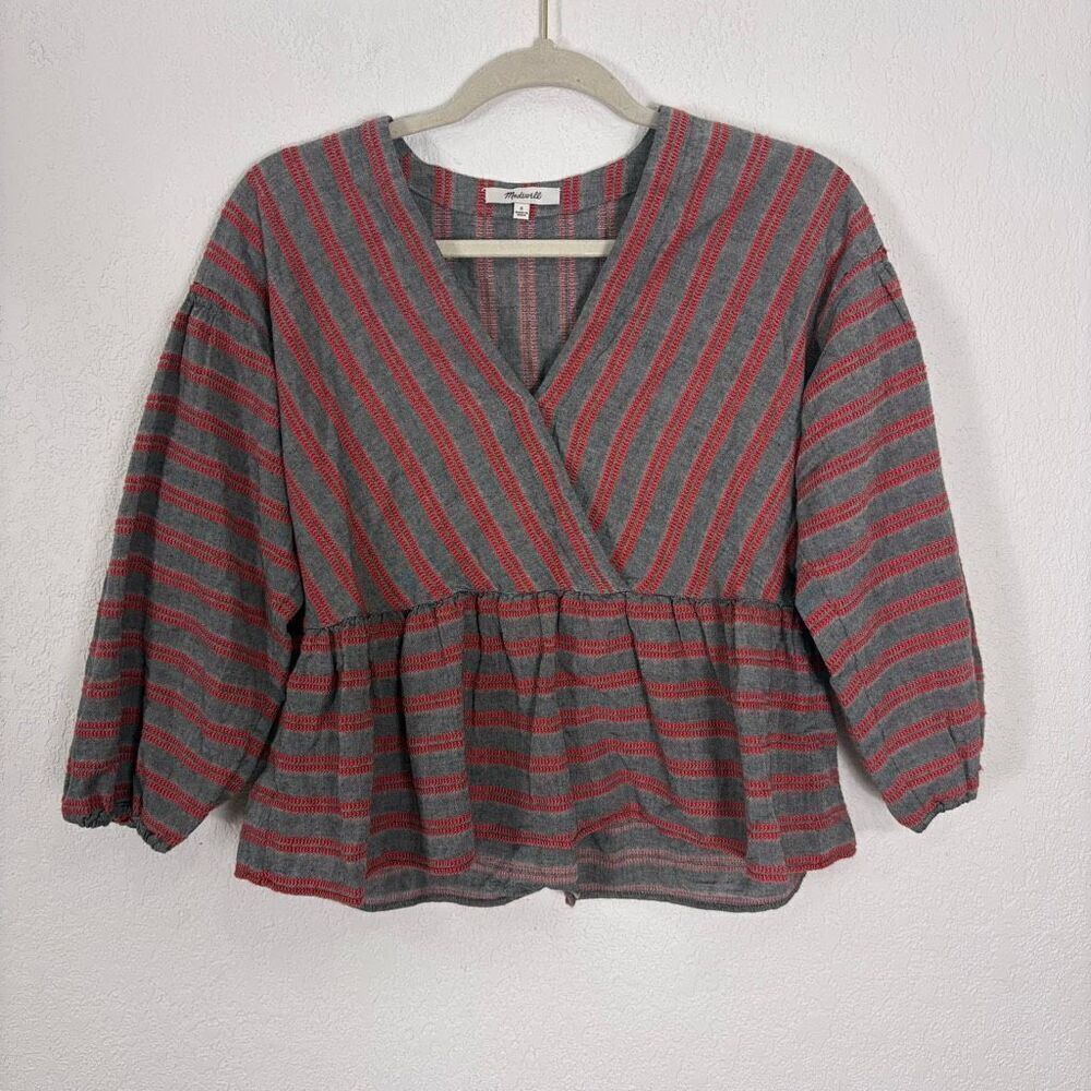 Madewell Grey with Red Striped V Neck 3/4 Sleeve V Neck Blouse Top‎ Size Small